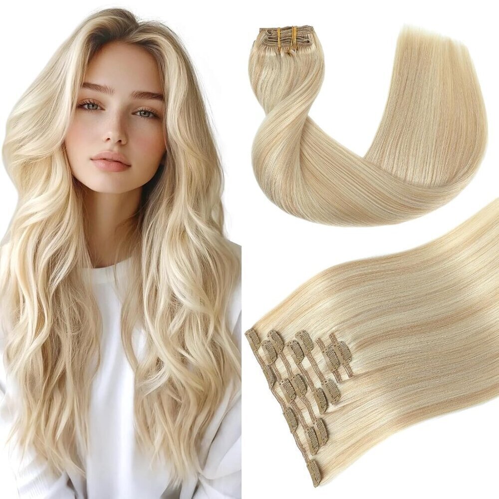 Human Hair Extensions Clip In 20Inch 120g Caramel Blonde Platinum Balayage